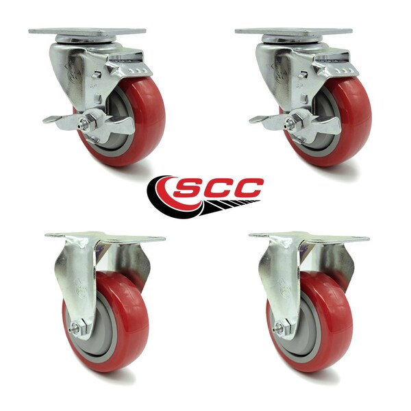 Tool Box Caster Wheel Set 3.5'' Red Polyurethane Swivel Casters, 4PK